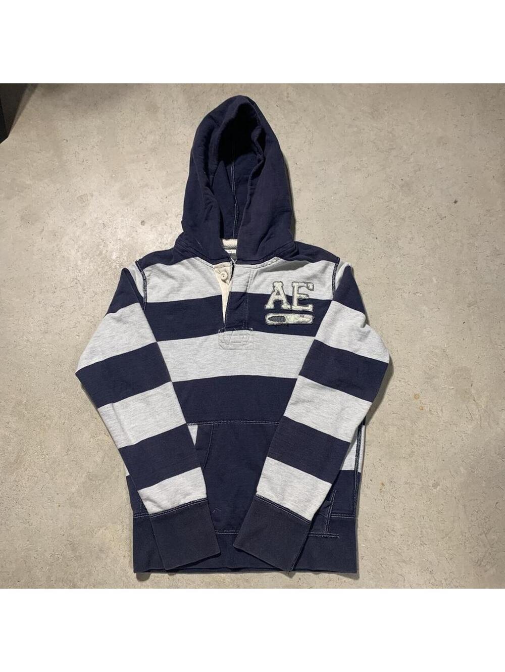 Vintage Y2K American Eagle Striped Rugby Hoodie Mens S AE Distressed Pullover